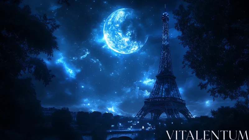 Eiffel Tower under colossal blue moon in luminous Parisian night.