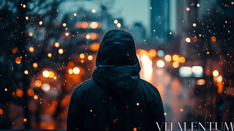Backlit hooded figure in neon bokeh rain against urban skyline