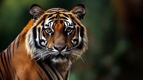 Photorealistic tiger portrait with shallow-depth forest bokeh.