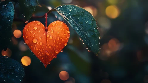 Red leaf heart glistens with raindrops beneath protective teal canopy.