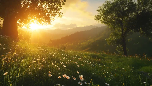 Golden sunset bathes wildflower meadow in serene mountain calm