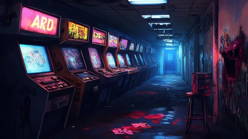 Abandoned neon arcade hallway glows in eerie cyberpunk haze