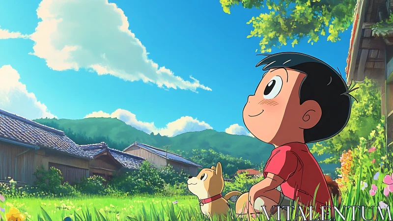 Boy and dog under vivid rural summer sky in anime style.