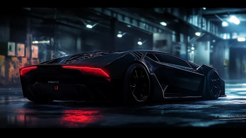 Midnight hypercar poised beneath neon-lit industrial vaults.