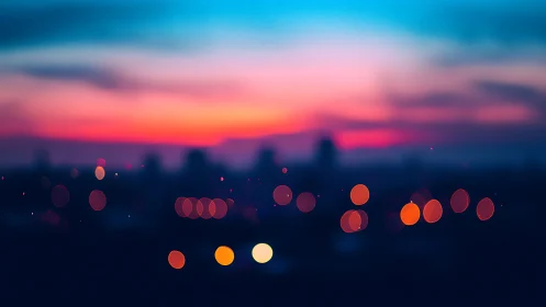 Defocused city skyline under neon sunset gradient sky