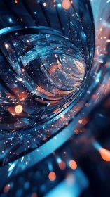 Curved metallic tunnel structure contains bokeh light particles