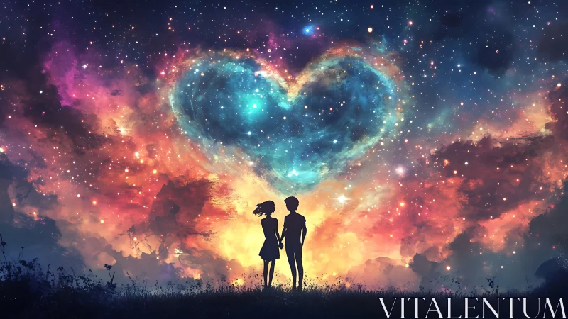 Couple beneath cosmic heart-shaped nebula with golden starfield