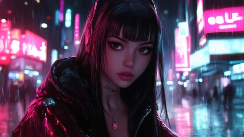 Neon‑lit girl in rain with reflective jacket and headphones.