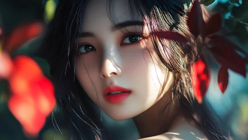 Sunlit gaze among crimson leaves and whispered petals.