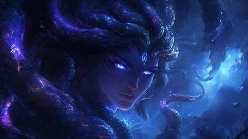 Serpent crowned female figure in blue bioluminescent void.