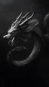 Monochrome serpentine dragon with high-relief scaled anatomy