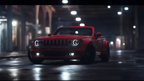 Red widebody convertible rendered in cinematic low key lighting