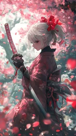 Scarlet petal samurai pauses beneath storming sakura skies.