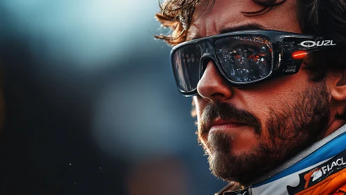 Focused racer in reflective sunglasses ready for action.