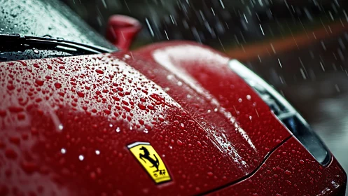 Red sports car hood in heavy rain with close water beads.