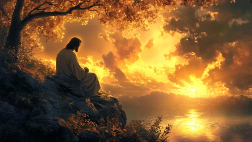 Solitary robed figure greeting a blazing golden horizon.