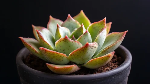 Gentle green succulent with rosy tips in a cozy clay pot.