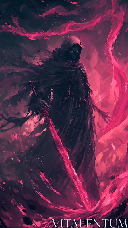 Hooded wraith with crimson energy sword in swirling arcane storm