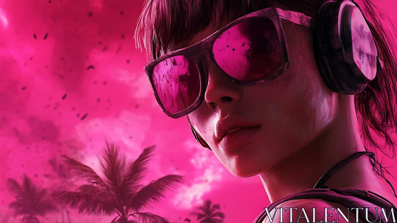 Chromatic cyber-surfer with neon visor in tropical overglow.