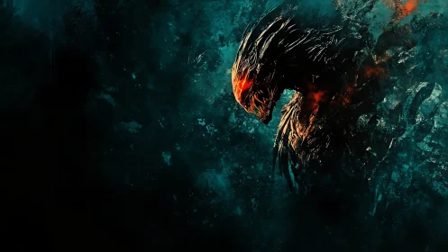 Fiery-eyed shadow creature emerges from swirling teal darkness
