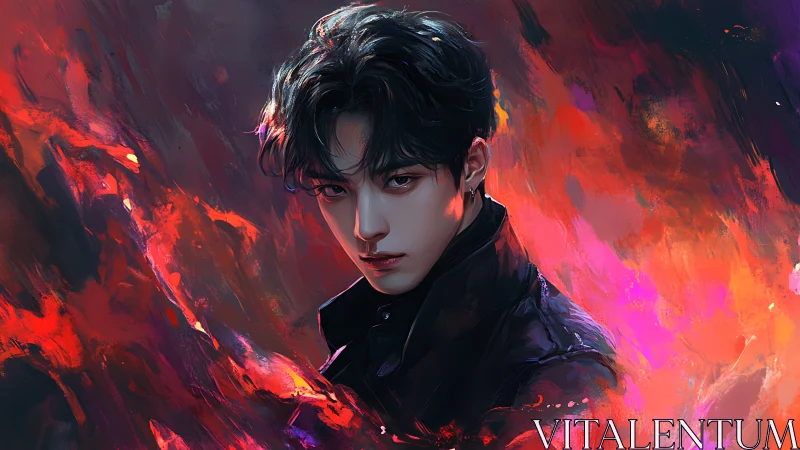 Digital portrait of young male figure amid abstract flames.