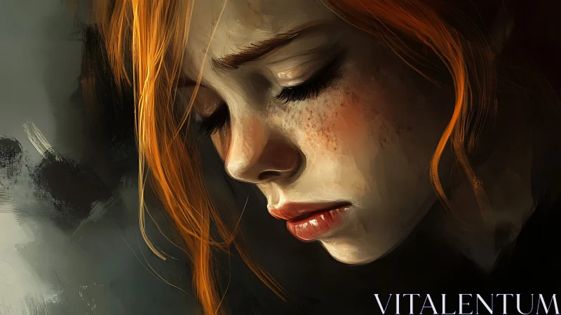 Melancholic close-up portrait of red-haired young woman.