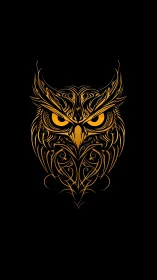 Glyph-born owl blazes from darkness in molten gold lines