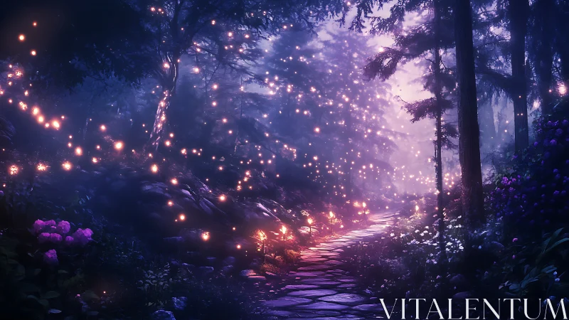 Enchanted Forest Path with Glowing Lights and Purple Flora.