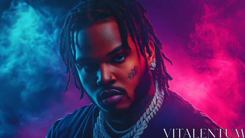 Electric neon portrait captures intense hip-hop attitude.