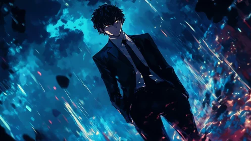 Man in suit stands amid abstract blue and orange light field