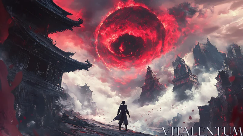 Crimson vortex above ruined citadel and lone wanderer.