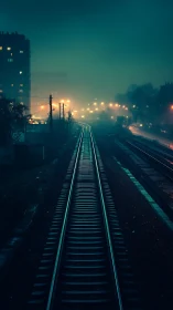 Foggy city railway at night with glowing streetlights.