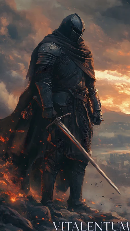 Dark armored sentinel amid embers in epic digital painting.