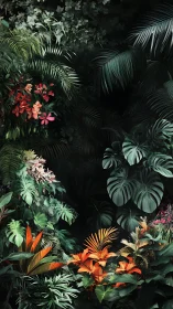 Lush tropical foliage with red and orange flowers at center.