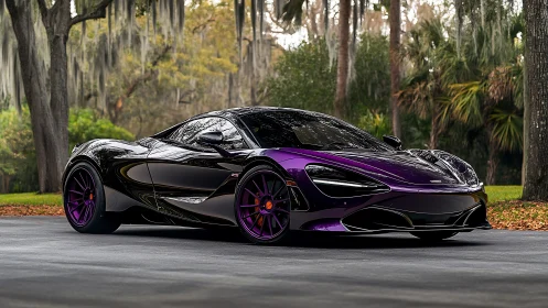 Purple and black sports car parked on forest driveway