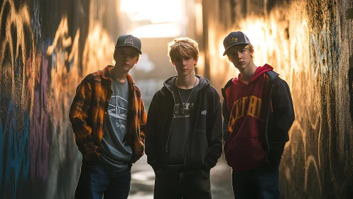 Teenagers stand in sunlit graffiti alley wearing streetwear
