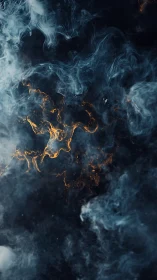 Gold embers swirl through deep blue cinematic smoke field.