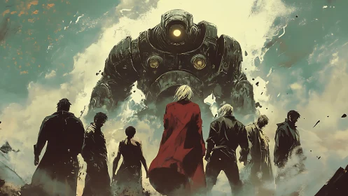 Human group confronting towering armored mech in haze.