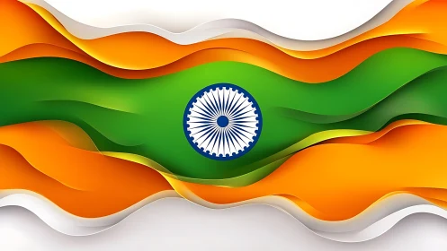 Layered tricolor abstraction with central Ashoka Chakra emblem design