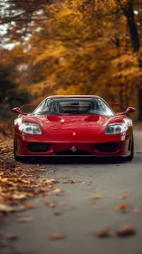 Scarlet supercar glides through autumn’s tunnel of embers