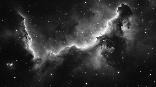 Monochrome emission nebula front with ionization edge mapping.