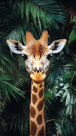 Giraffe portrait centered in dense tropical foliage frame.