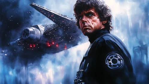 Storm-lit pilot stands defiant beneath looming starship.