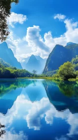Mirror-still lake reflecting towering karst mountains flawlessly.