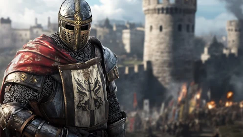 Armored crusader stands before besieged medieval fortress in haze