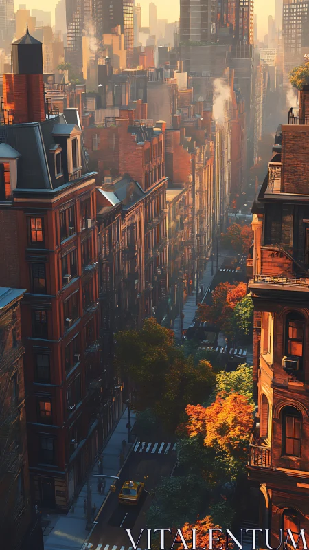 Sunlit brownstone canyon cradles autumn-tinted city rhythm.