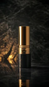 Gold cosmetic bottle stands in dramatic marble reflections
