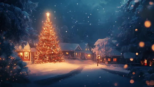 Illuminated village Christmas tree anchors snowy nocturnal scene
