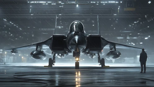 Midnight jet stands ready in a softly lit rainy hangar