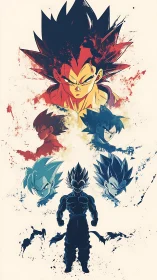 Saiyan tempests collide in ink-splashed evolution portrait.
